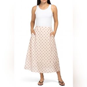 Melloday Polka Dot Midi Skirt Cream Brown Size Small with Pockets